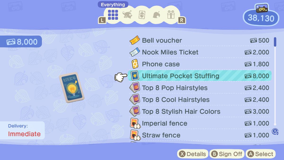 Showing the last inventory upgrade in Animal Crossing New Horizons