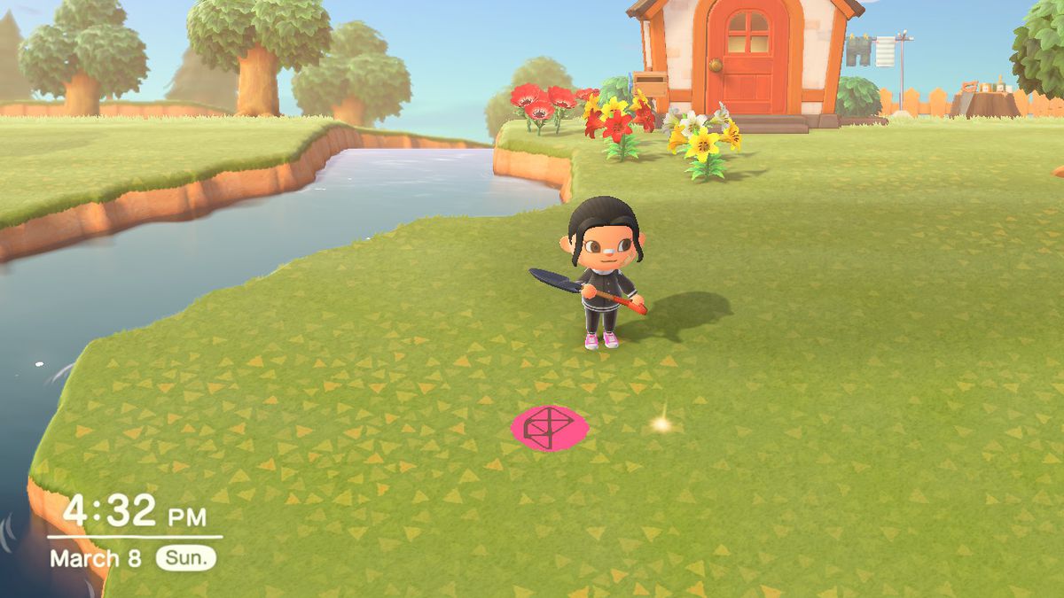 A spot on the grass glows as an Animal Crossing character prepares to dig it up