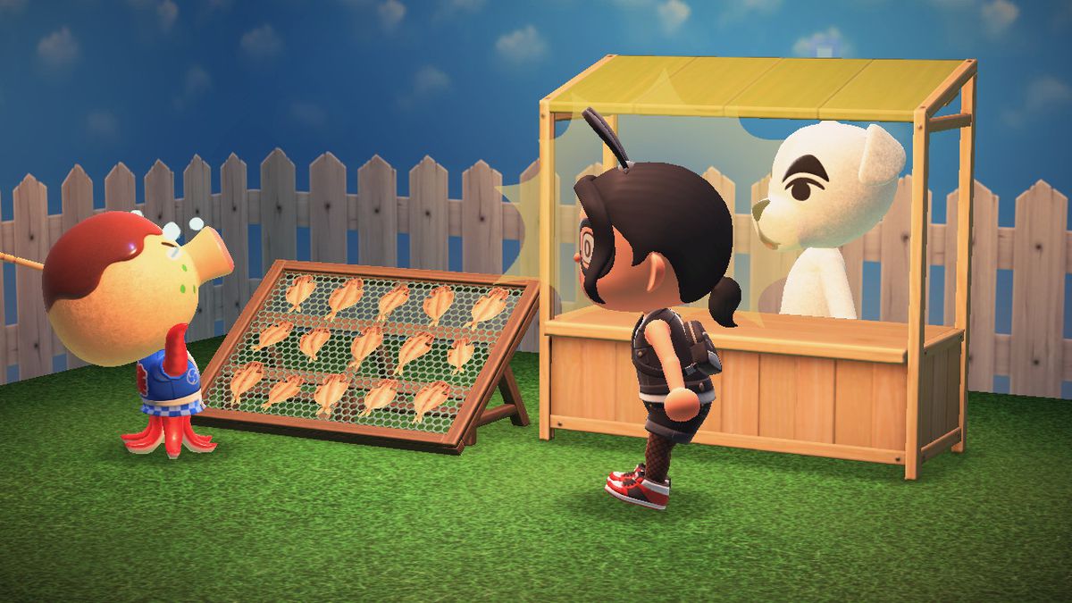 K.K. Slider stands behind a merchant booth as an octopus villager cries about the sale of dried fish