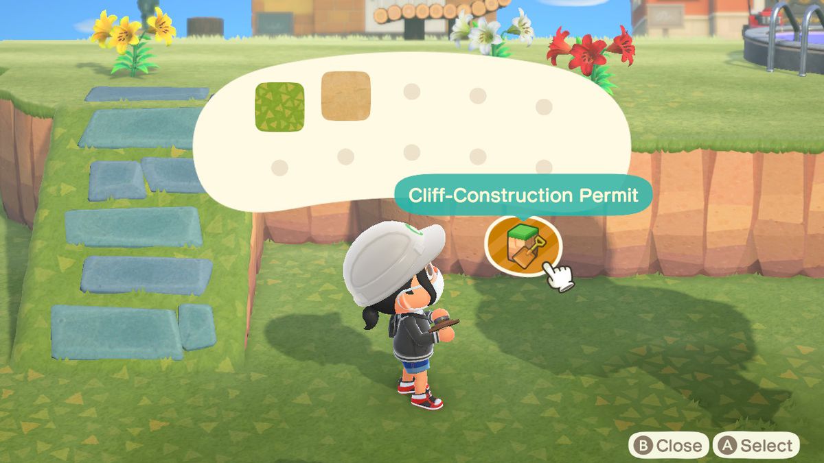 An Animal Crossing character ponders whether to work on pathing or cliff construction