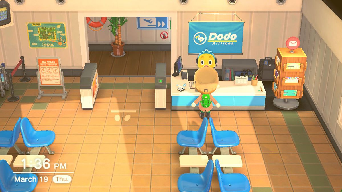 Standing in the airport in Animal Crossing New Horizons