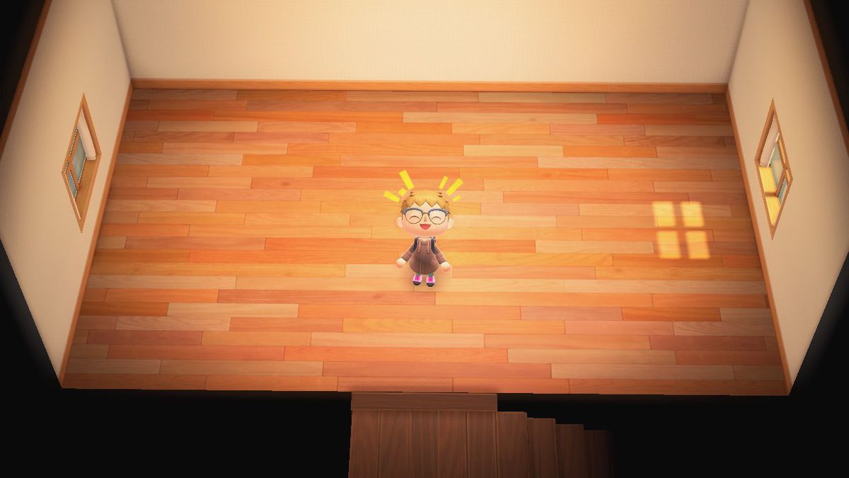 An Animal Crossing character smiles in an empty large room