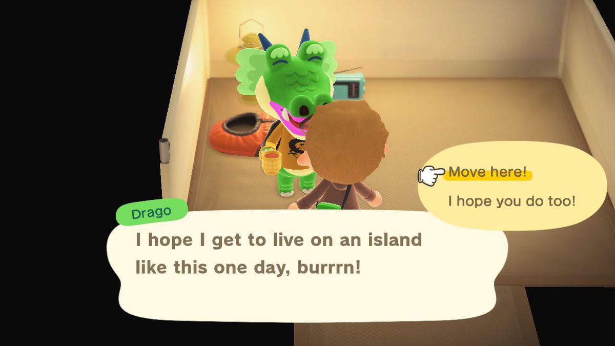 Talking to a camper in the campsite of Animal Crossing: New Horizons