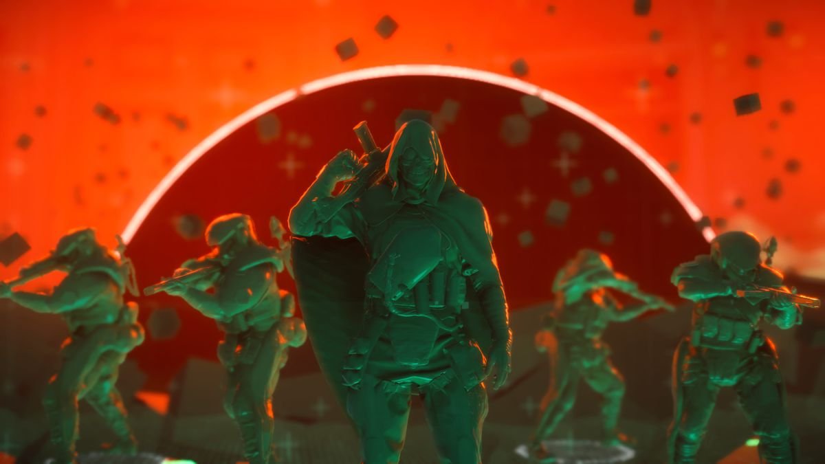 green plastic soldier toys with a bright red-orange background in Death Stranding