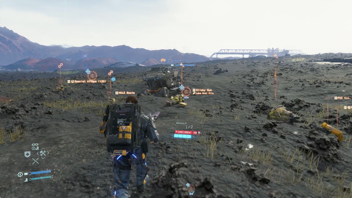 Death Stranding MULEs, a MULE truck, and their cargo.