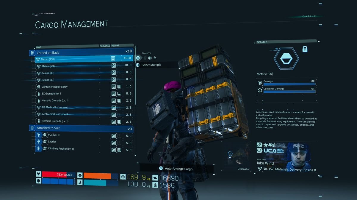 Death Stranding backpack cargo management