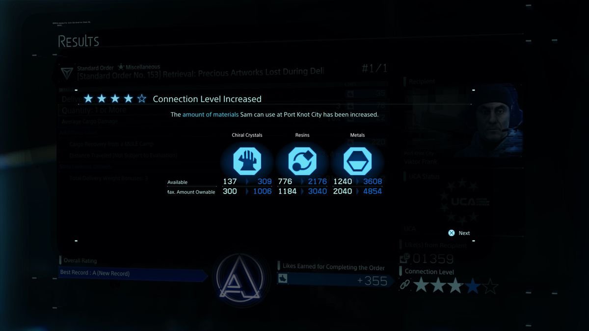 The amount of materials available increases in Death Stranding. 