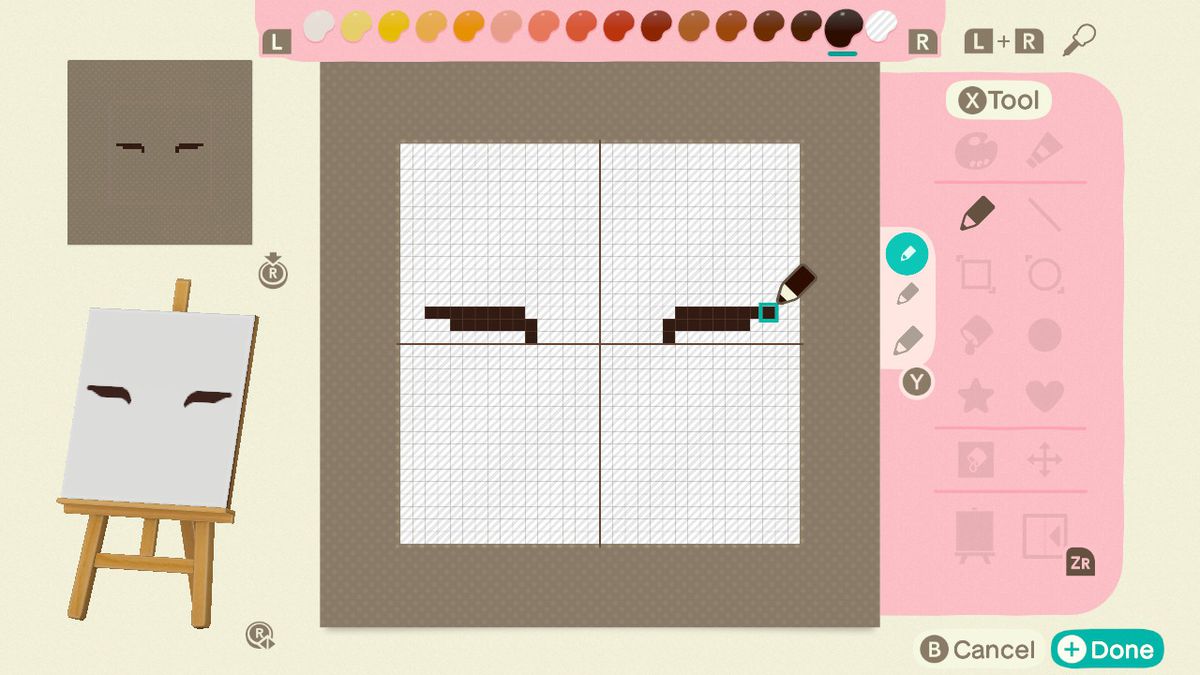 An Animal Crossing pattern tool with somebody making eyebrows