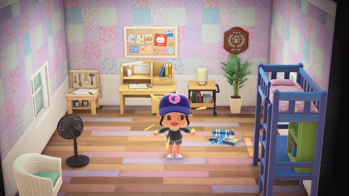 An Animal Crossing character cheers in a craft room