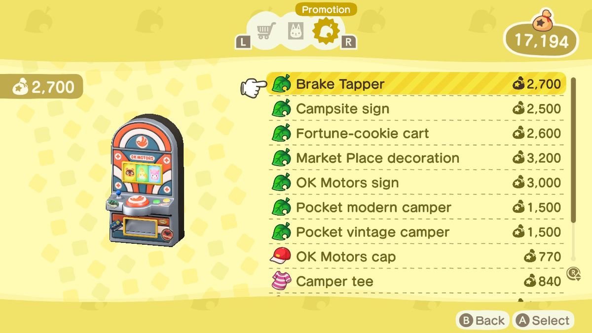 A menu showing off the items from Pocket Camp, as well as their prices