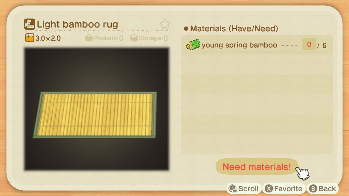 An Animal Crossing crafting screen for a Light Bamboo Rug