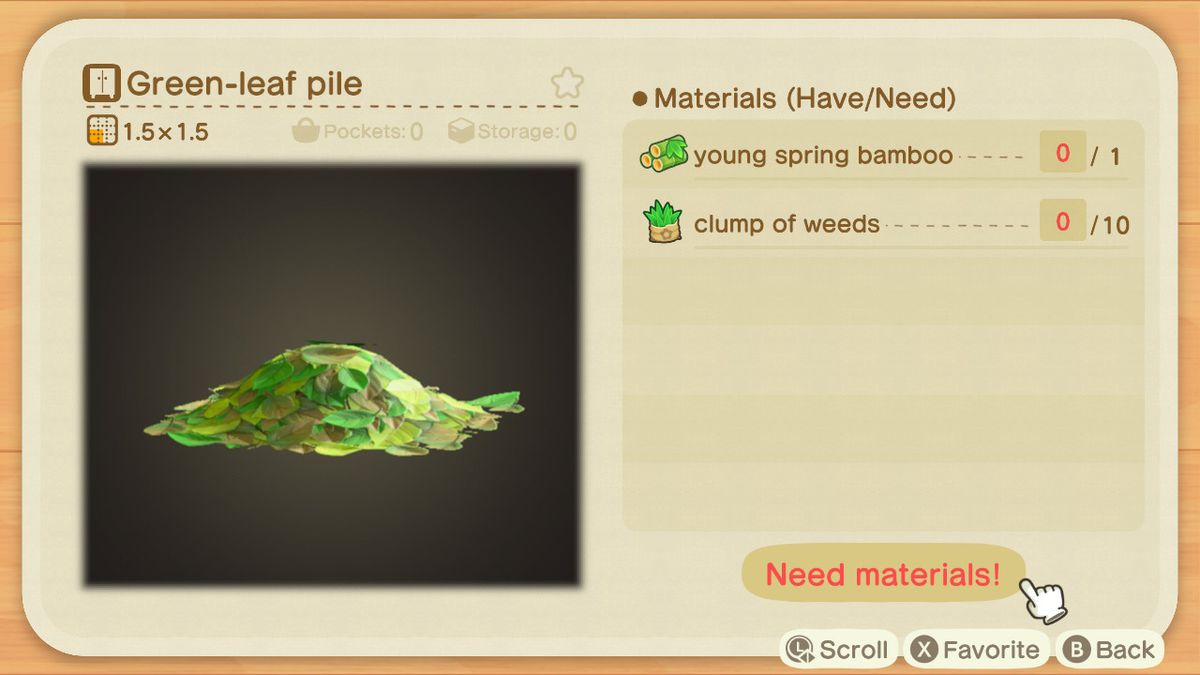 An Animal Crossing crafting screen for a Green-leaf Pile