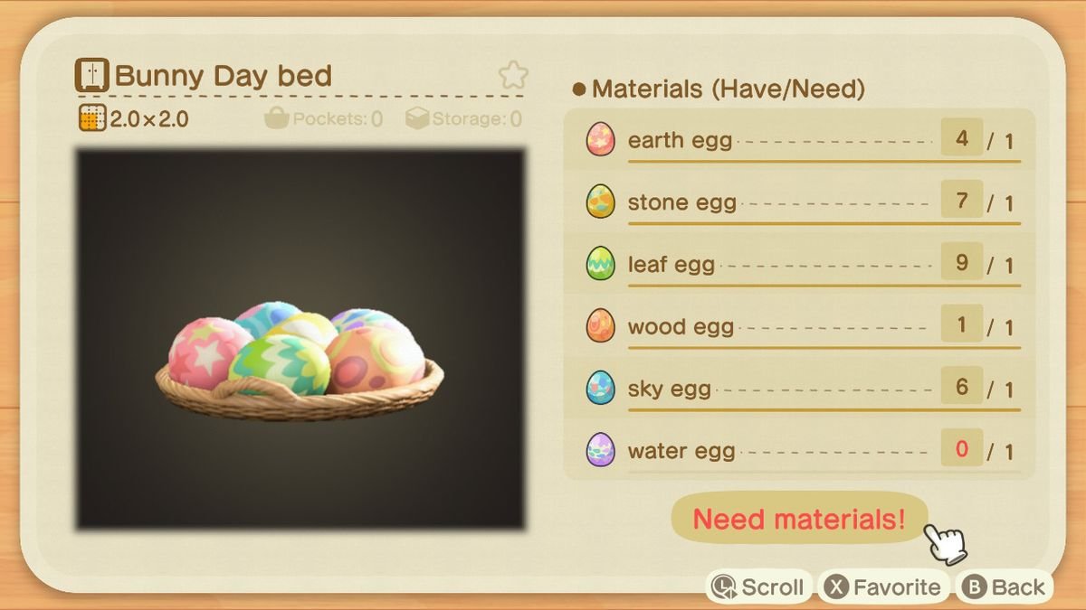 A crafting screen in Animal Crossing showing how to make a Bunny Day Bed