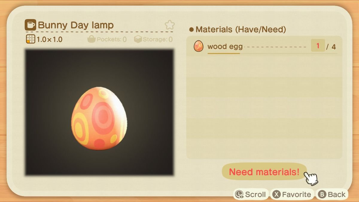 A crafting screen in Animal Crossing showing how to make a Bunny Day Lamp