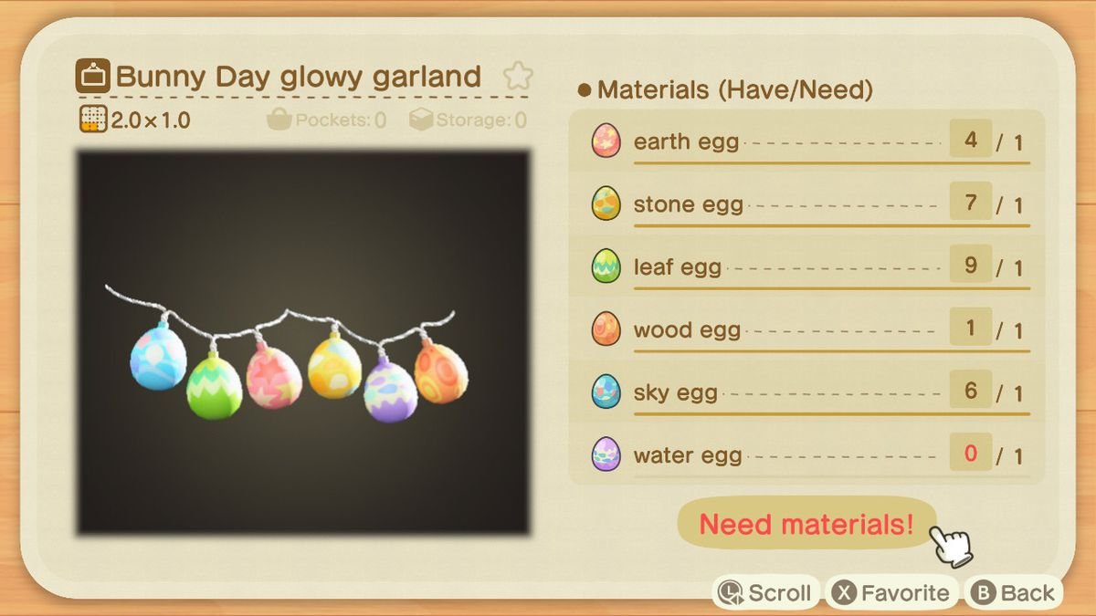 A crafting screen in Animal Crossing showing how to make a Bunny Day Glowy Garland