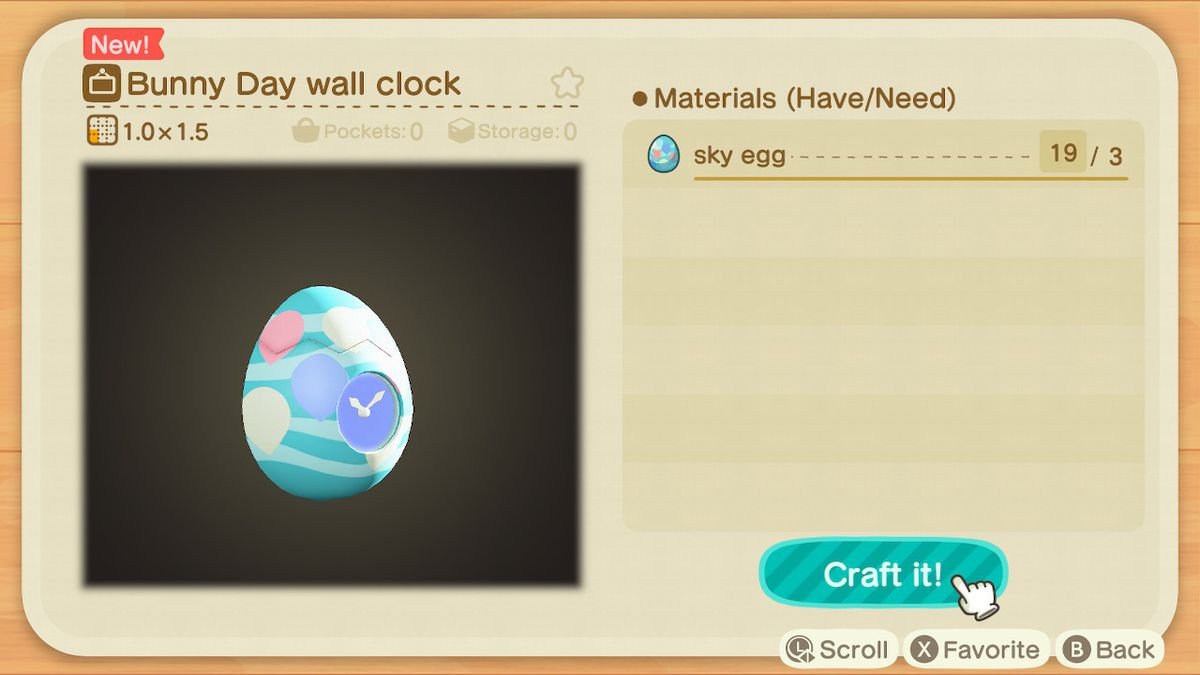 A crafting screen in Animal Crossing showing how to make a Bunn Day Wall Clock