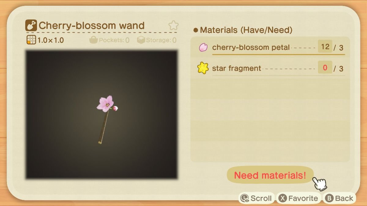 A crafting screen in Animal Crossing showing how to make a Cherry-blossom Wand