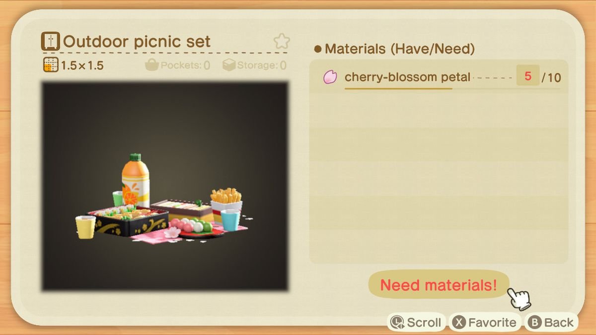 A crafting screen in Animal Crossing showing how to make an Outdoor Picnic Set