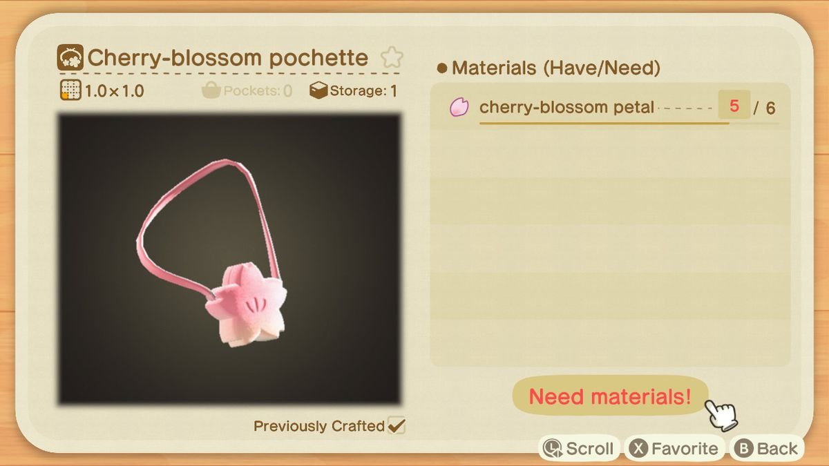 A crafting screen in Animal Crossing showing how to make a Cherry-blossom Pochette