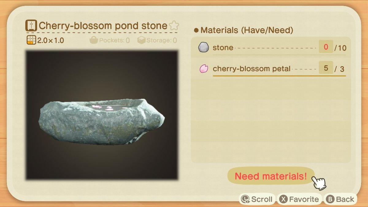 A crafting screen in Animal Crossing showing how to make a Cherry-blossom Pond Stone