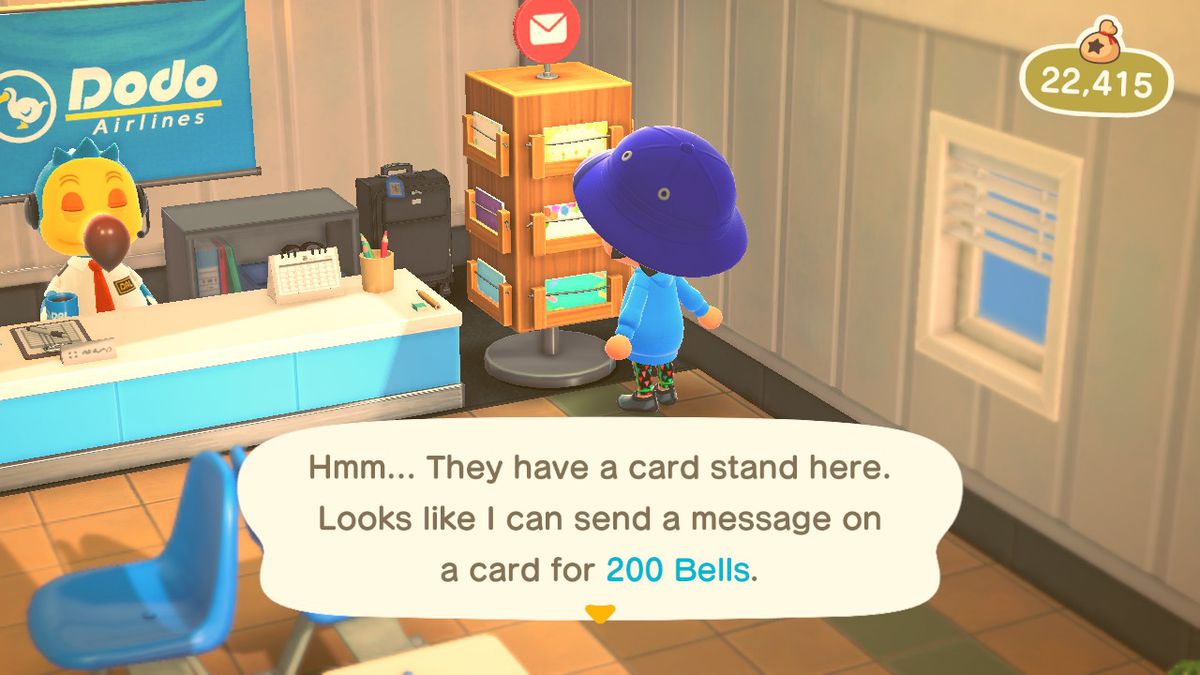 Orville asking a villager if they want to send a letter in Animal Crossing: New Horizons