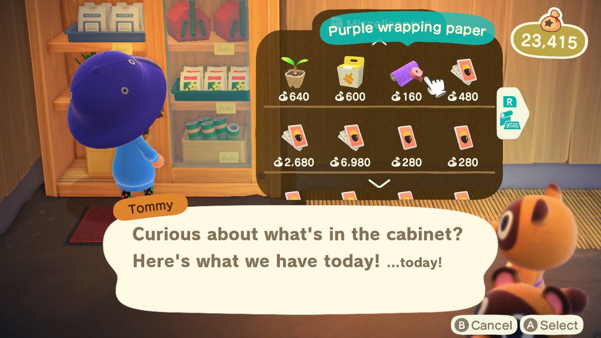 Showing off wrapping paper in Animal Crossing: New Horizons