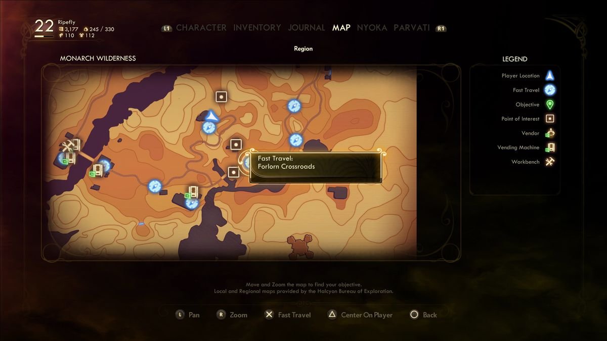 The Outer Worlds map menu fast travel icons