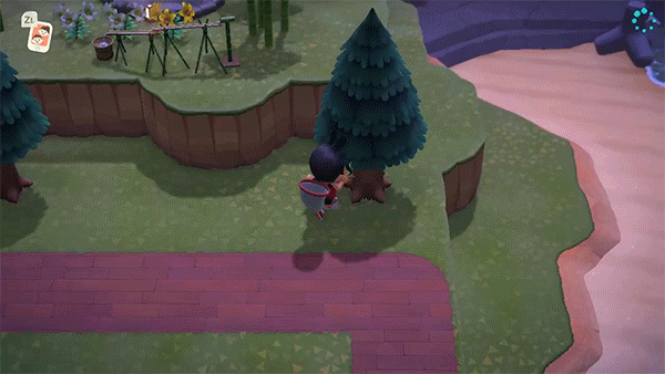 An Animal Crossing character knocks a wasps’ nest out of a tree but catches the wasps in a net