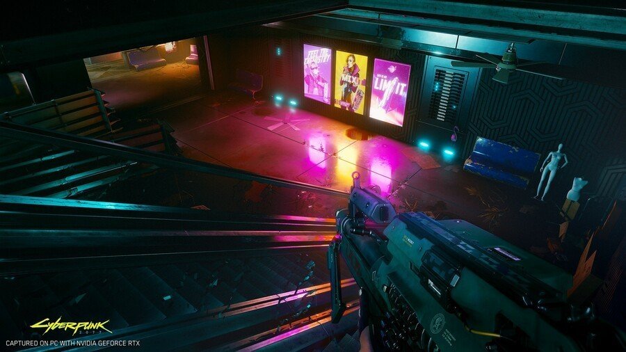 A Cyberpunk 2077 PC screenshot that shows ray tracing. Notice the way that the lights and neon signs have a "volume" to them, and the way they%image_alt%27re reflected on the shiny floor. It%image_alt%27s all about those details!